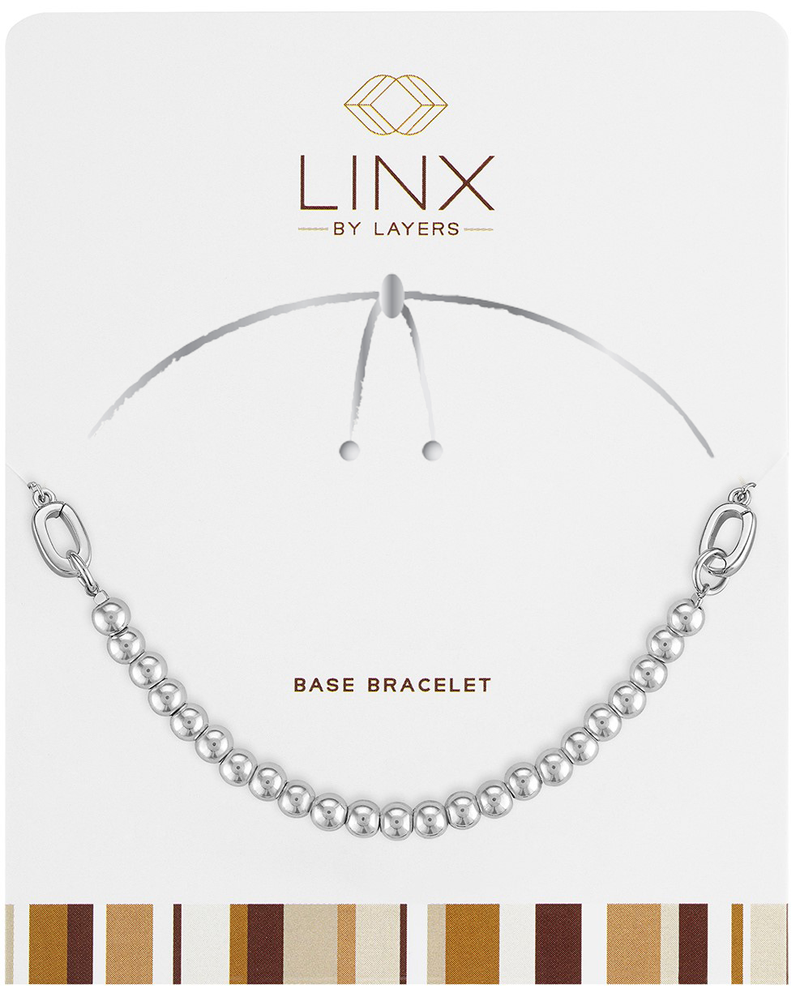 Silver ball LINX base bracelet with round beads and oval link ends on a white display card.