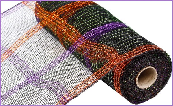 A roll of silver foil tinsel stripe check ribbon with a metallic pattern.