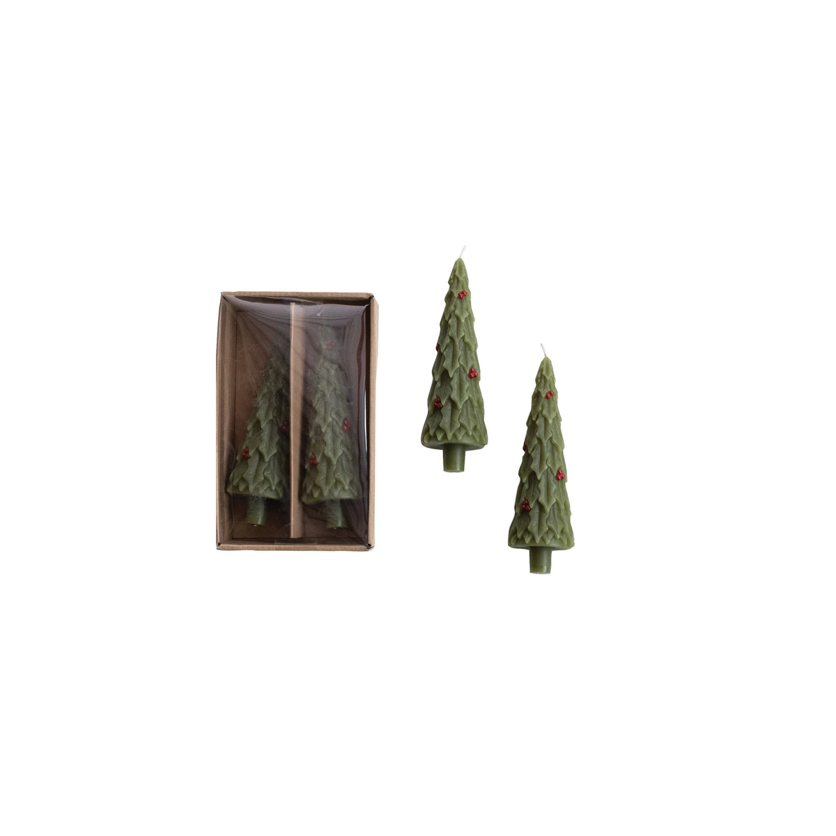Set of two green unscented tree-shaped taper candles with red berry accents and packaging.