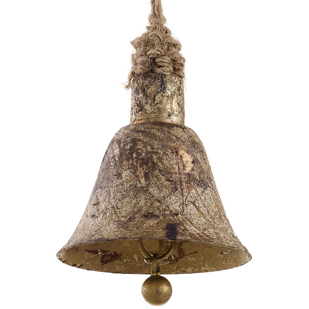 Metal bell ornament with jute accents in a natural finish