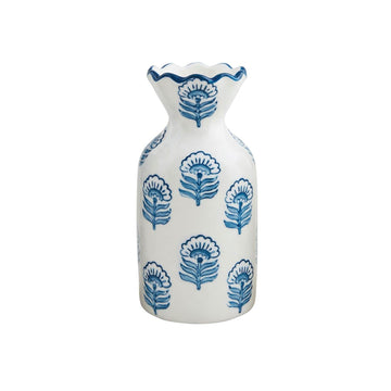 Hand-stamped stoneware bud vase with hand-painted wavy rim in block print pattern.