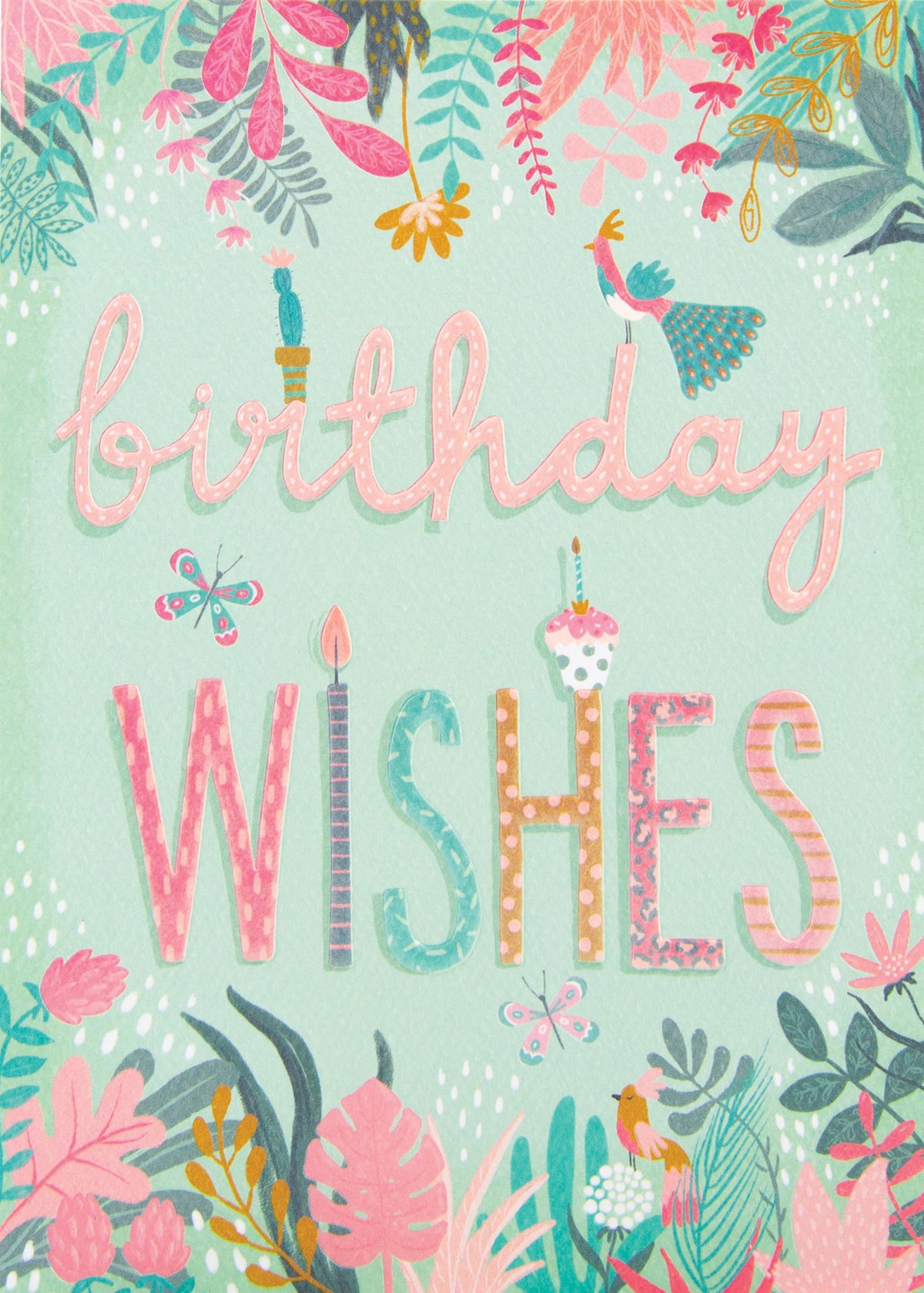 Birthday Wishes greeting card with pastel pink flowers, greenery, and embossed holographic details.
