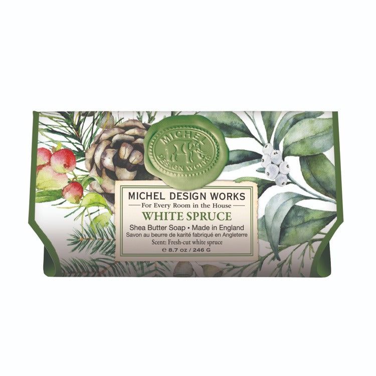Michel Design Works White Spruce shea butter soap bar in decorative botanical packaging.