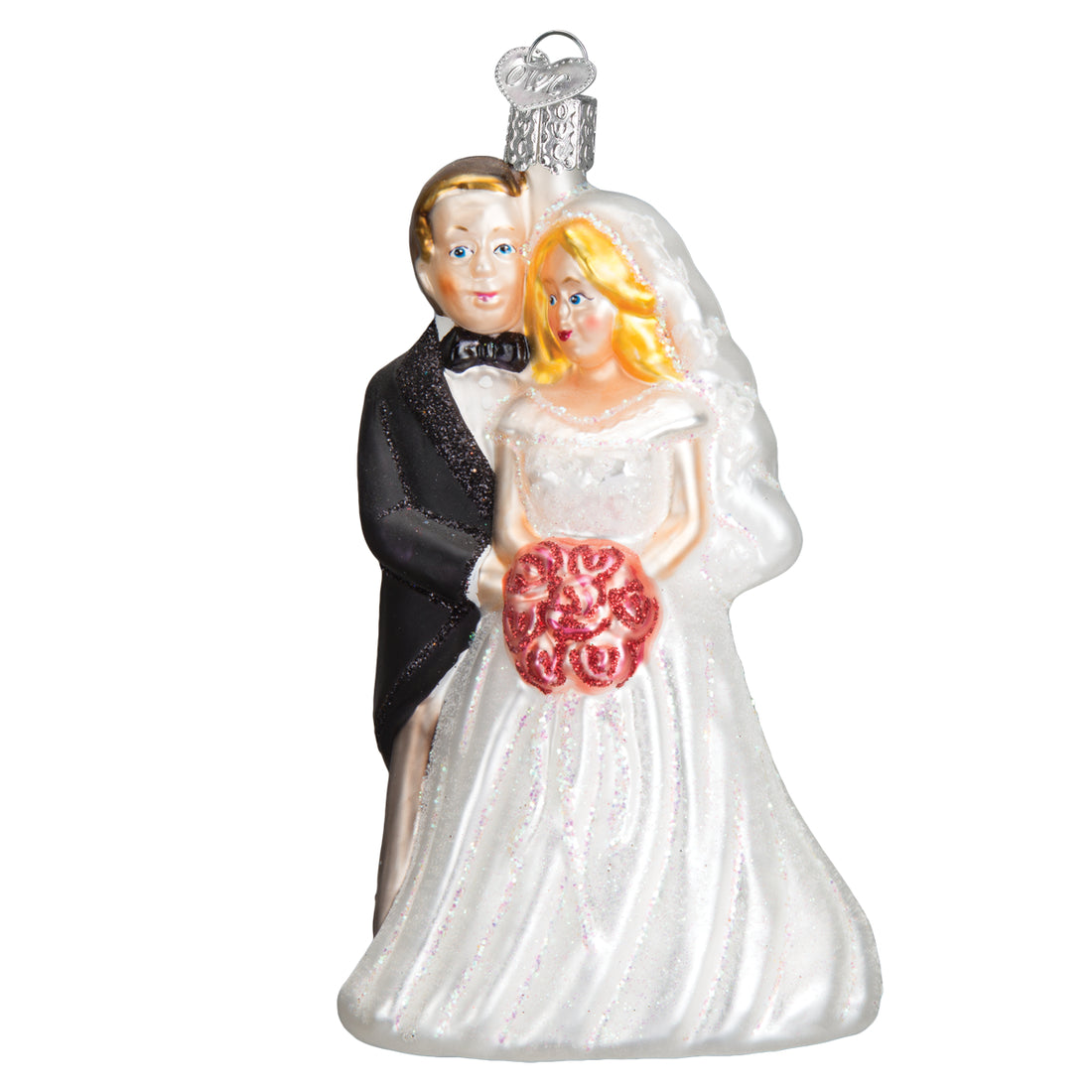 Glass bridal couple ornament featuring a bride in a white gown and groom in a black tuxedo.