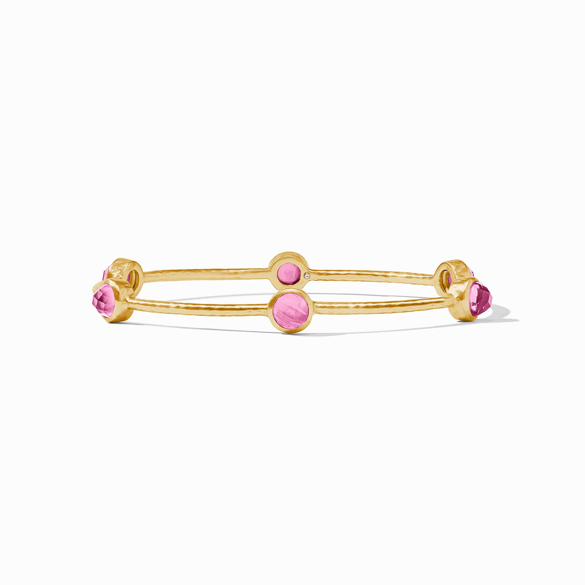 Milano Luxe Bangle in hammered gold with six round pink iridescent gemstone stations.