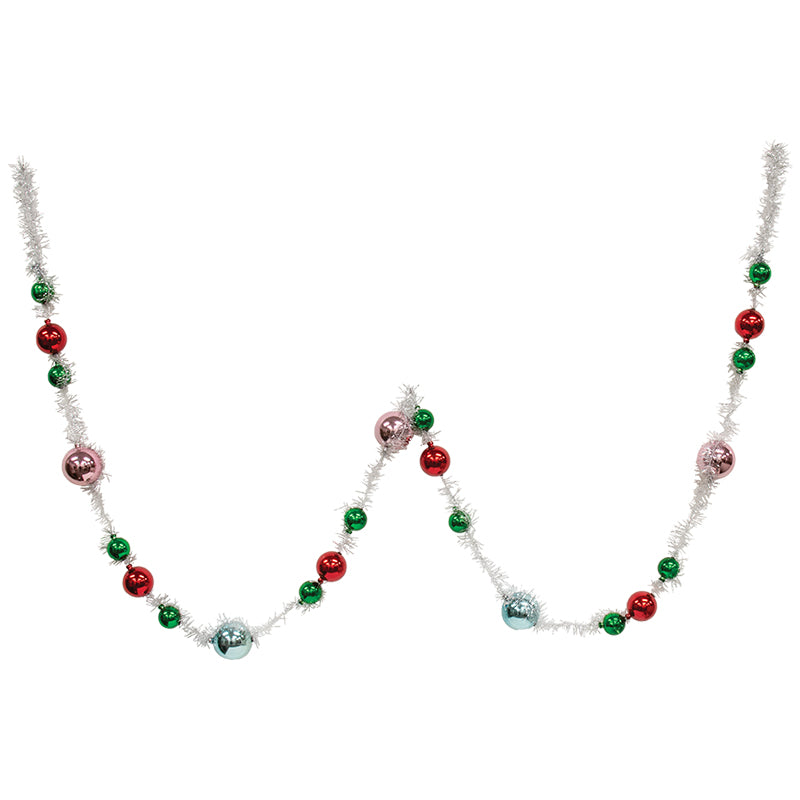 6 ft platinum tinsel garland with silver baubles in a looped decorative pattern.