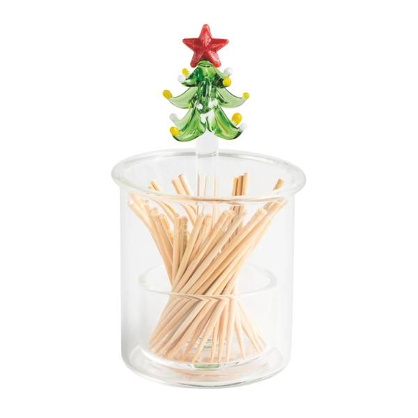 Glass toothpick caddy set featuring a clear holder and a glass Christmas tree topper with star.