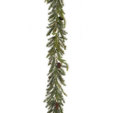 A six-foot plastic white spruce garland with green needles and small brown pine cones.