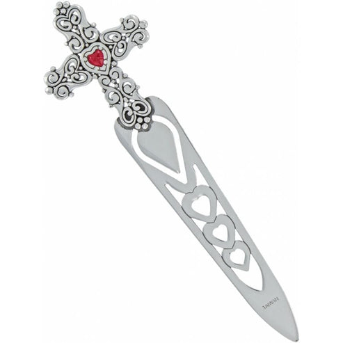 Silver plated German glass bookmark shaped like a heart with an endless loop pattern.