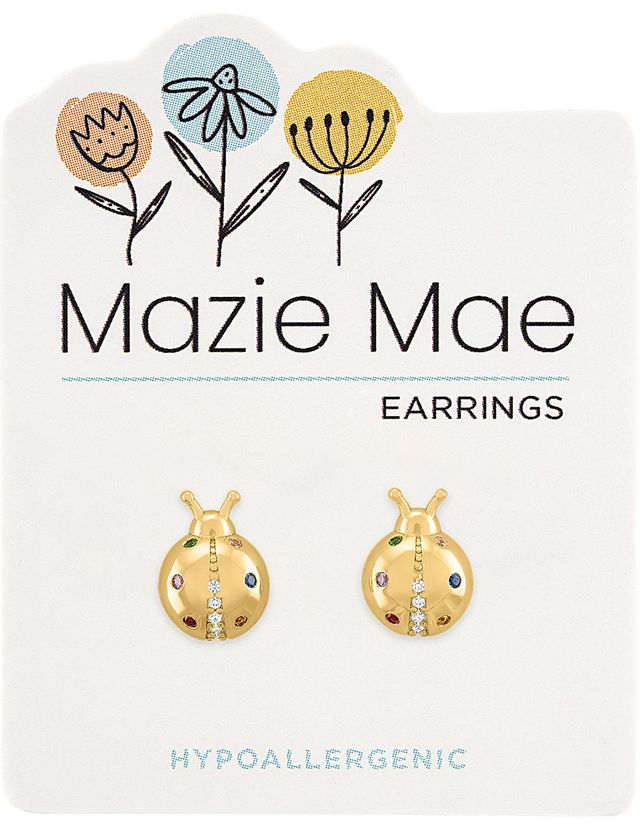 Gold ladybug stud earrings with colorful crystal accents on a Mazie Mae brand card.
