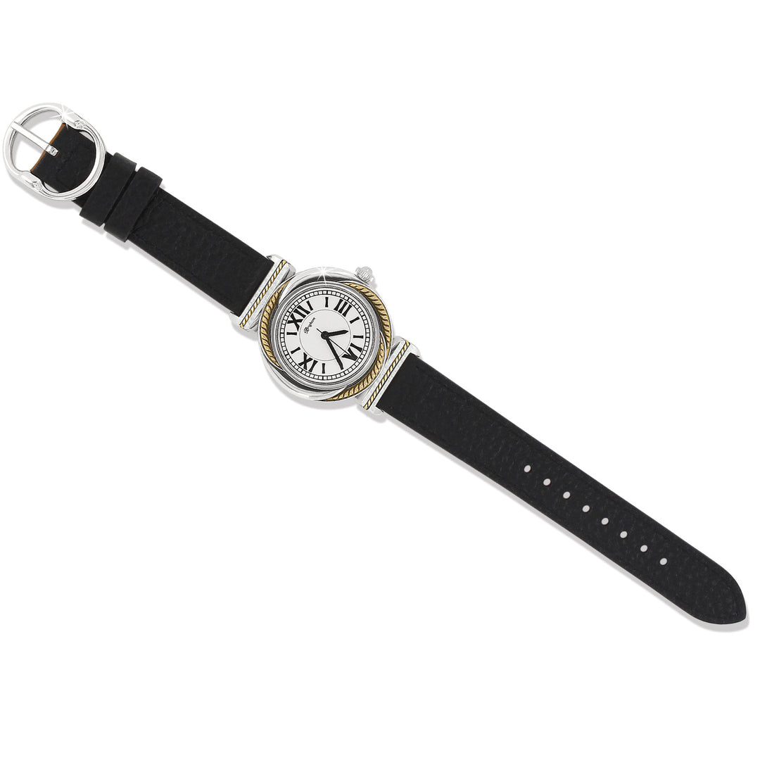 Los Olivos Reversible Watch with a black leather strap and two-tone silver and gold round face.