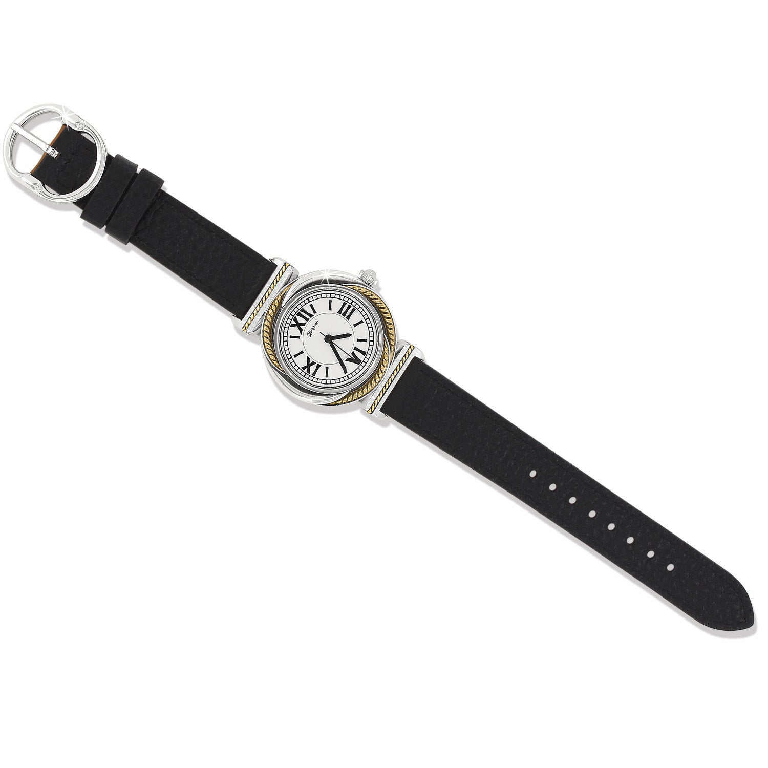 Los Olivos Reversible Watch with a black leather strap and two-tone silver and gold round face.