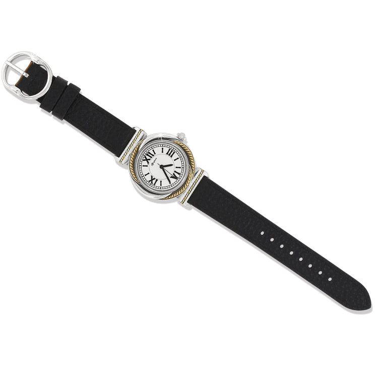 Los Olivos Reversible Watch with a black leather strap and two-tone silver and gold round face.