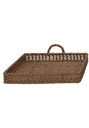Square water hyacinth tray with rattan handles in natural tones