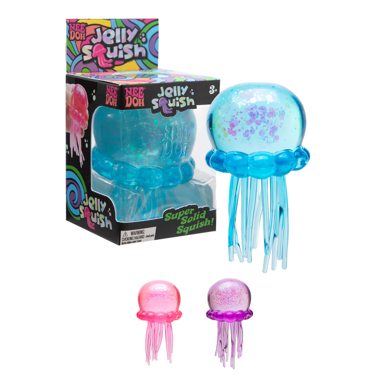 NeeDoh JellySquish jellyfish fidget toy in blue, pink, and purple with iridescent sparkles.