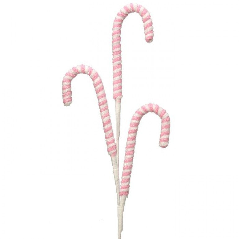 27.5-inch frosted pastel pink and white striped candy cane decorative spray for Christmas trees.