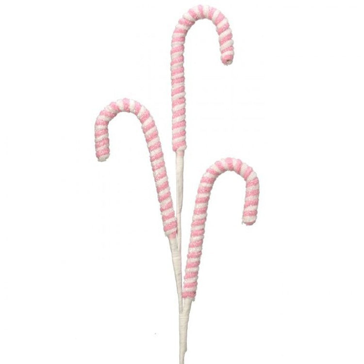 27.5-inch frosted pastel pink and white striped candy cane decorative spray for Christmas trees.