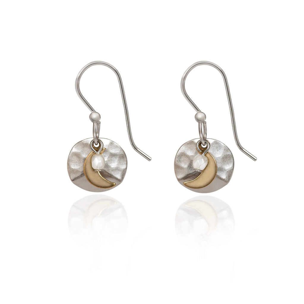 Crescent on Hammered Round Earrings with silver-tone disks, gold-tone moons, and white bead accents.