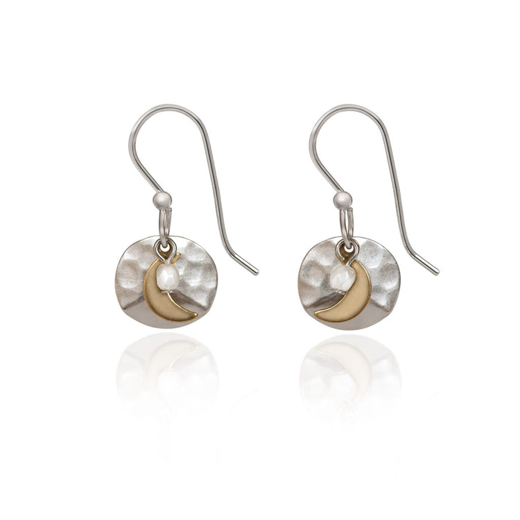 Crescent on Hammered Round Earrings with silver-tone disks, gold-tone moons, and white bead accents.