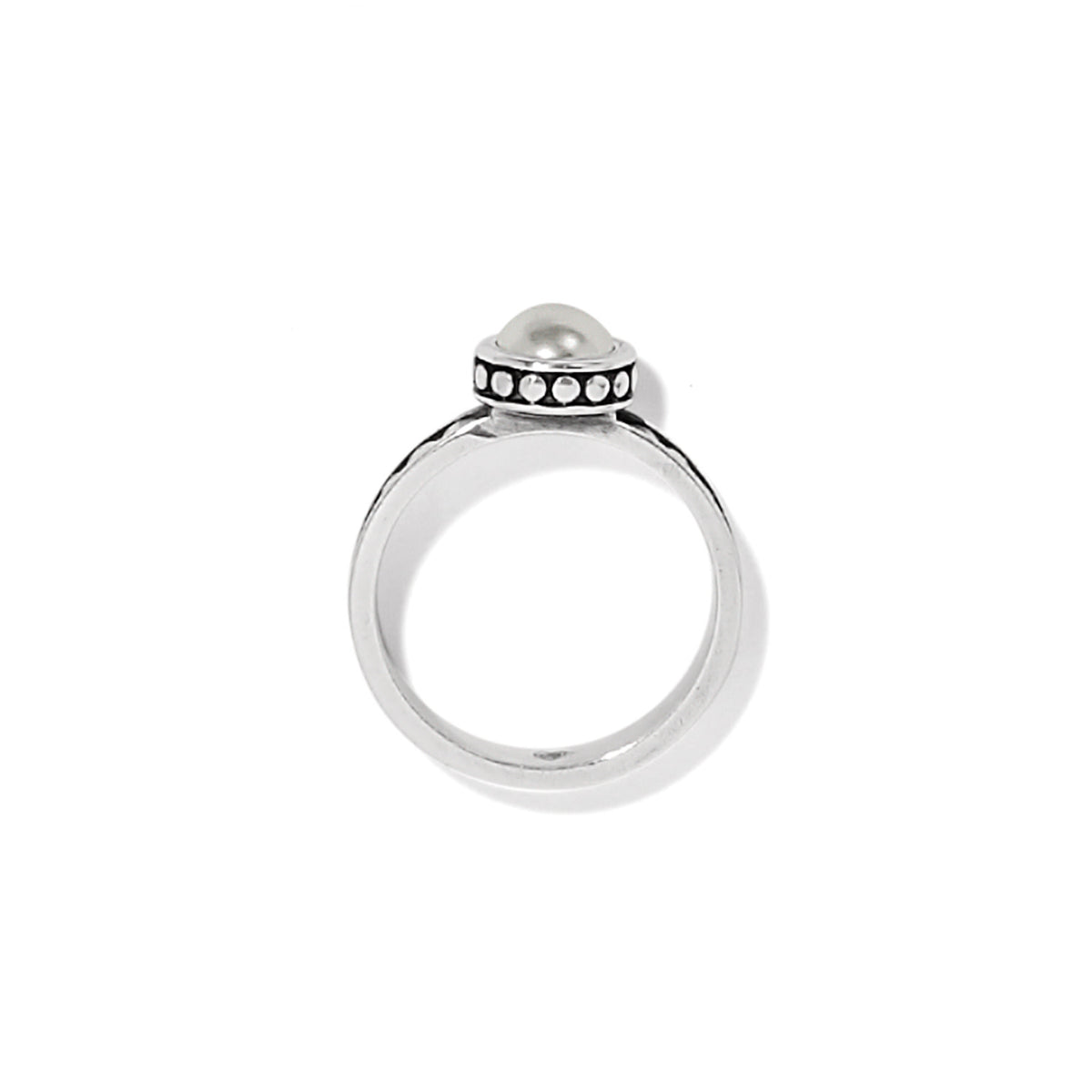 Silver plated Pebble Dot Slim Band Ring with a glass pearl cabochon on a white background.