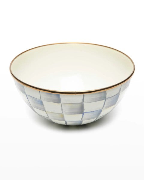 Small Sterling Check enamel bowl with hand-painted grey and white checks and a bronzed steel rim.