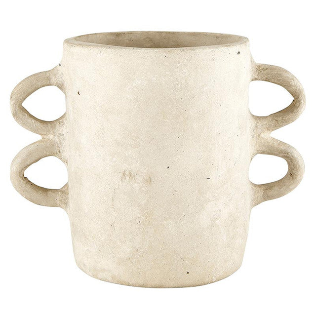 Natural paper mache vase with four looped handles and a textured, off-white finish.