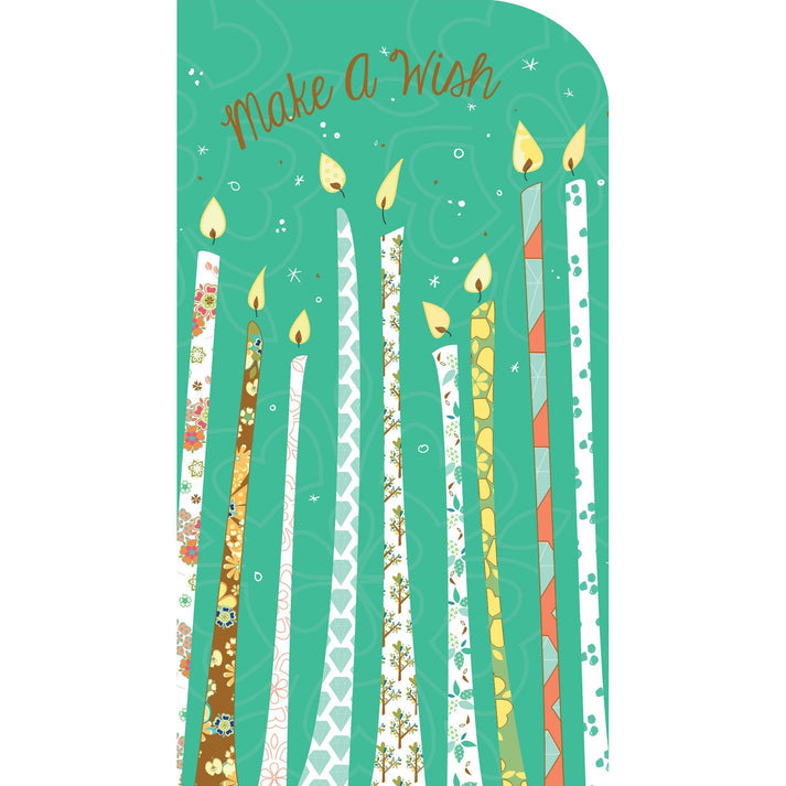 Green moneyholder candle with 'Make a Wish' text on front.