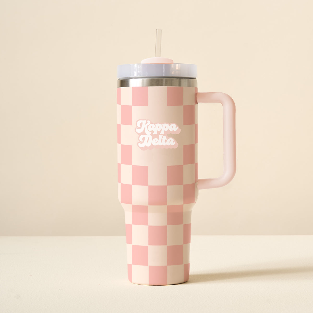 40 oz Sorority tumbler with check pattern, reusable straw lid, and handle