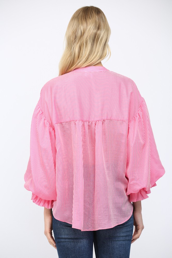 Sophie pinstripe blouse with voluminous bubble sleeves in a light blue rayon and nylon blend.