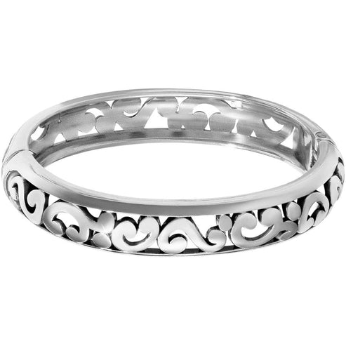 Silver plated Contempo Medium Hinged Bangle with an intricate openwork scroll design.