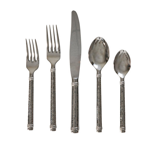Graham 5-piece polished silver flatware set with hammered handles and rope detail.
