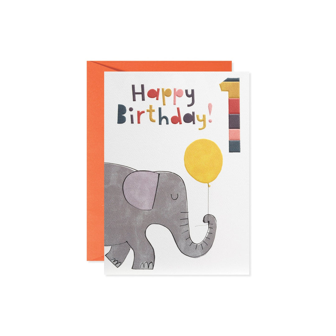 Elephant One Birthday card featuring a playful elephant illustration with text celebrating a first birthday.