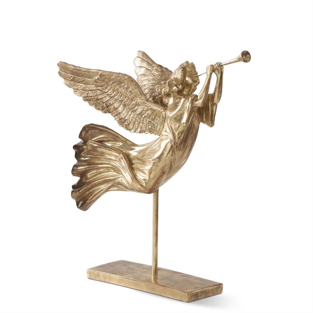 17.5 inch gold resin flying angel figurine playing a trumpet on a rectangular stand.