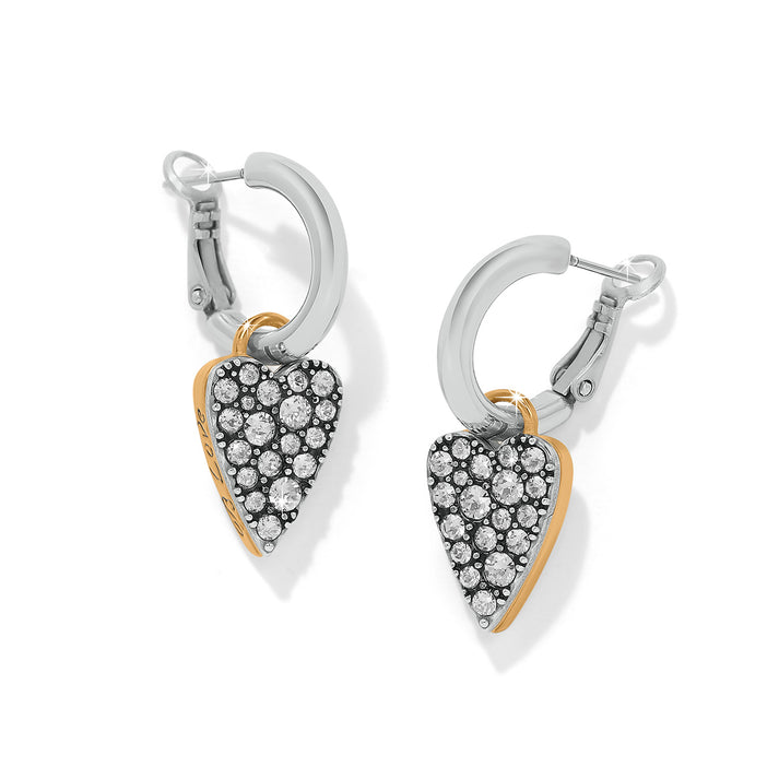 Silver-gold two-tone reversible hoop earrings with fine quality crystals on a post.