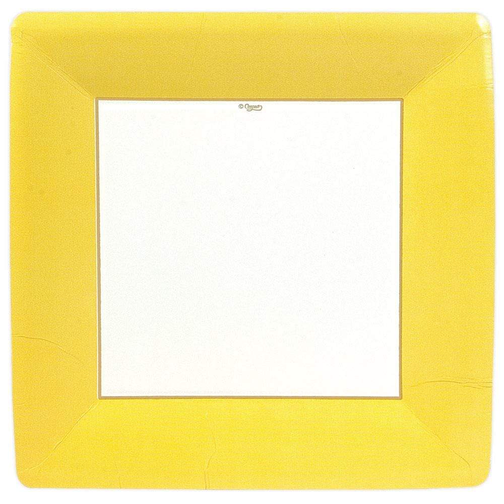 Pack of eight square dinner plates made from durable paper with water-based dyes.