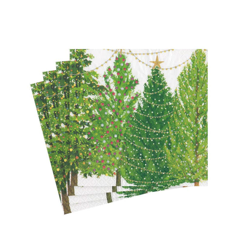 Triple-ply cocktail napkins featuring a printed Christmas tree with lights pattern on white paper.