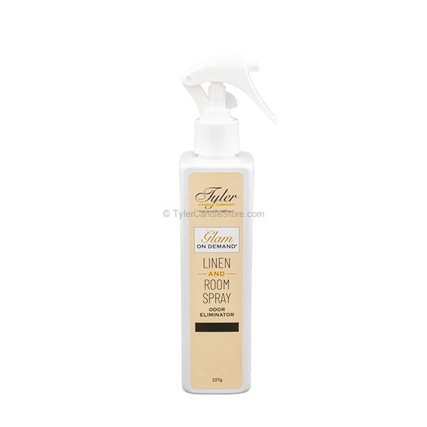 Tyler Candle Company Glam On Demand Linen and Room Spray in a 227g white spray bottle.