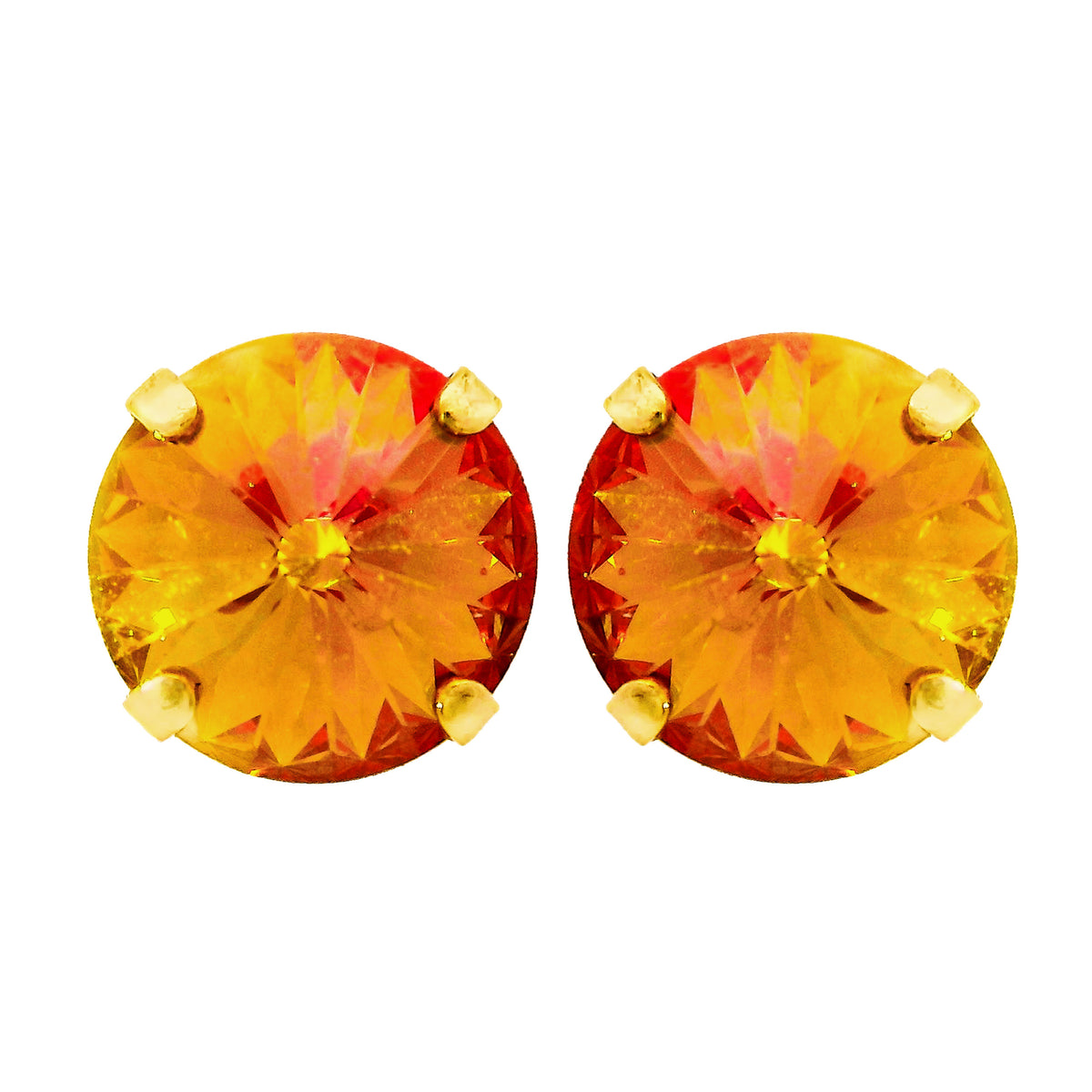 Antique gold-plated stud earrings with large clear crystals on surgical steel posts