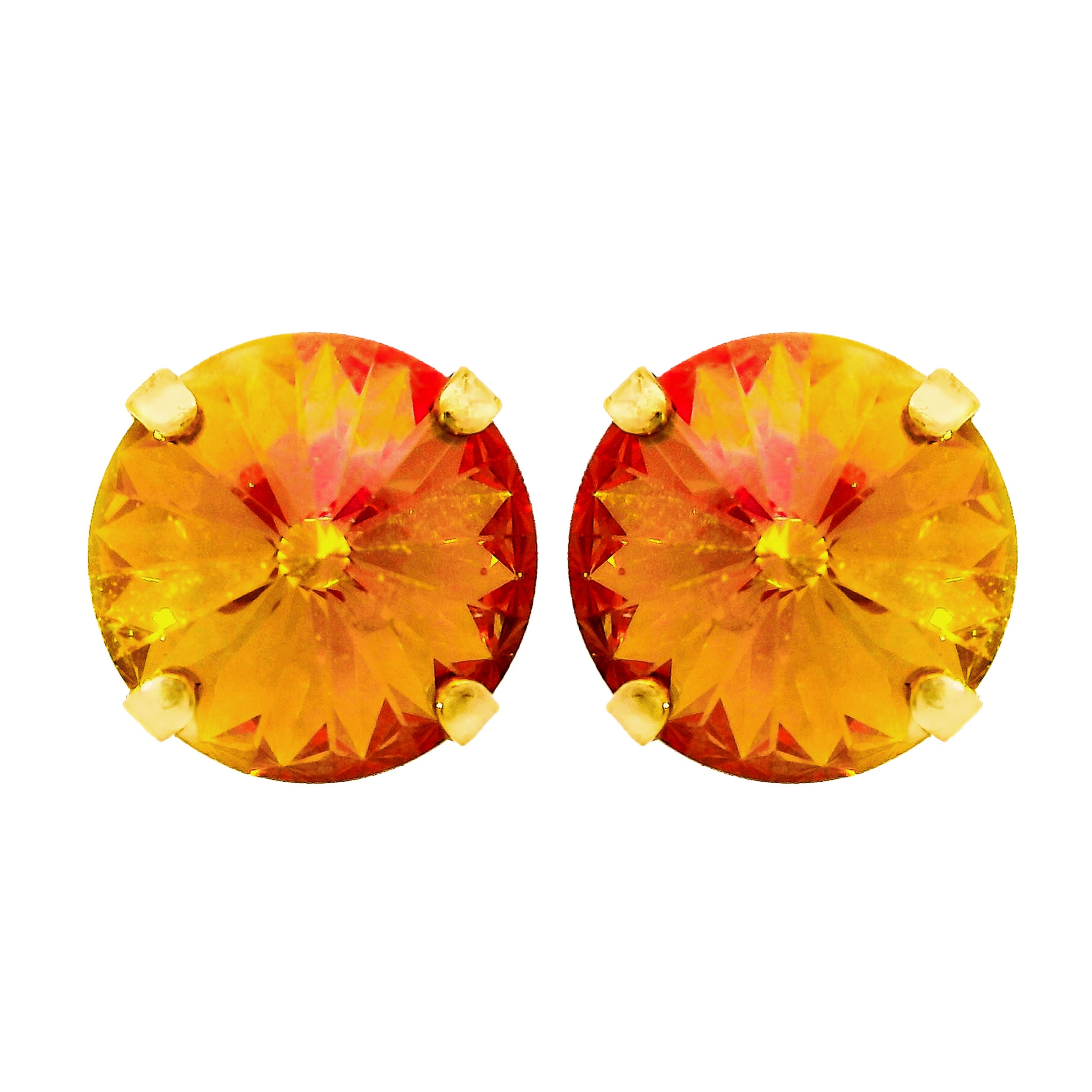 Antique gold-plated stud earrings with large clear crystals on surgical steel posts