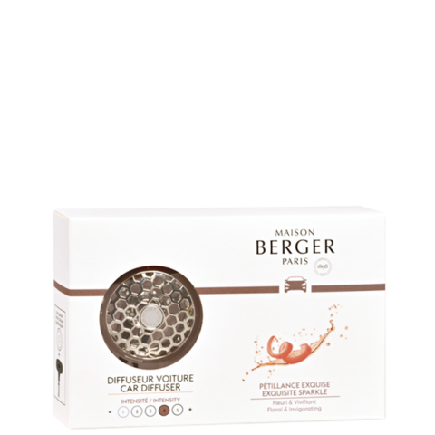 Maison Berger Paris car diffuser with a honeycomb pattern and "Pétillance Exquise" scent.