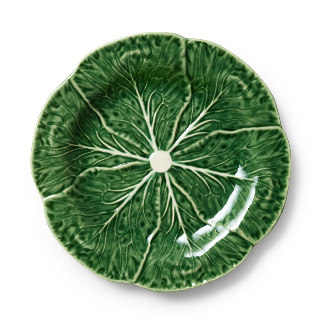 Le Jardin Cabbage salad plate with textured green glaze, white veining pattern, and raised sculpted edges.