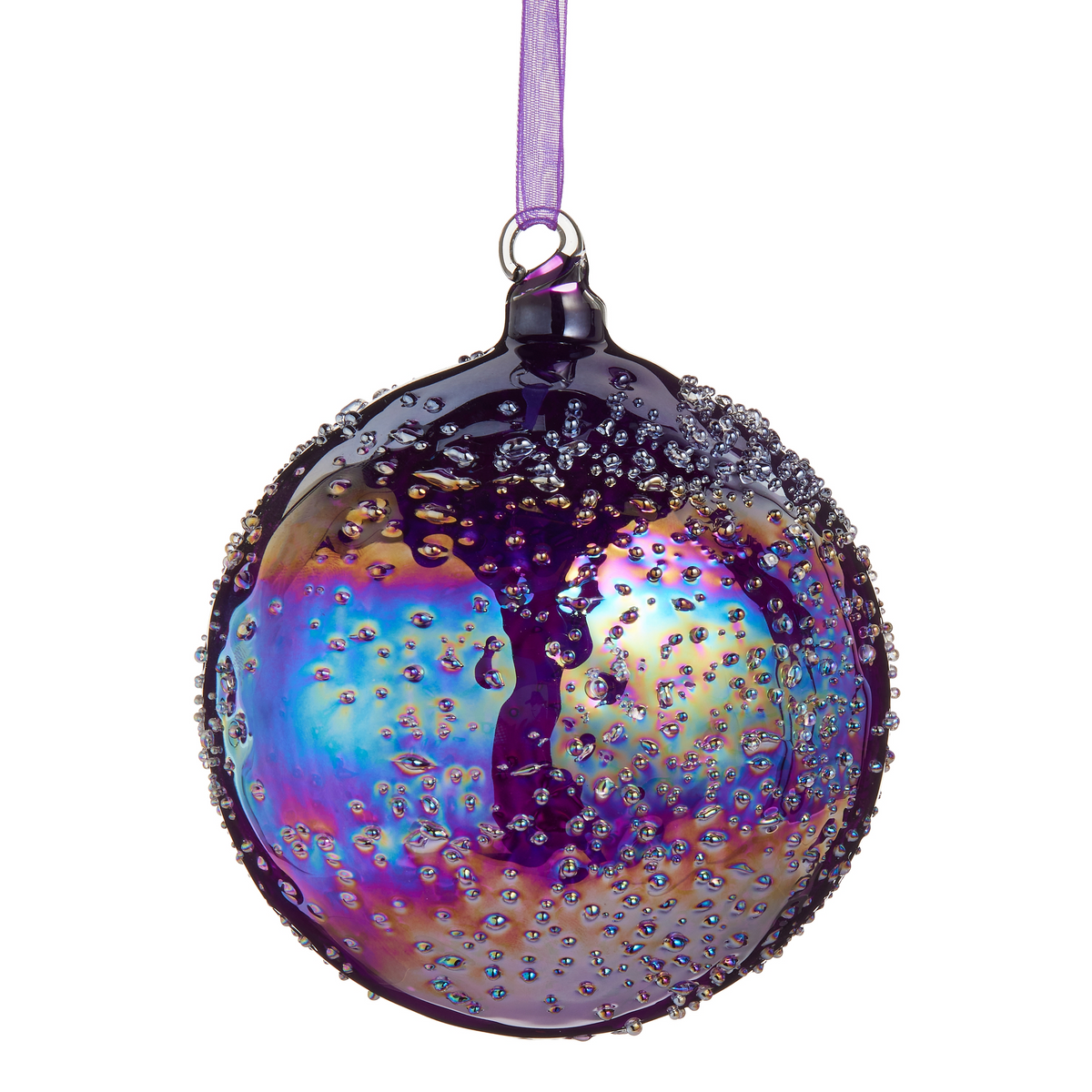 4-inch iridescent purple glass ball ornament with a textured bubble surface and hanging ribbon.