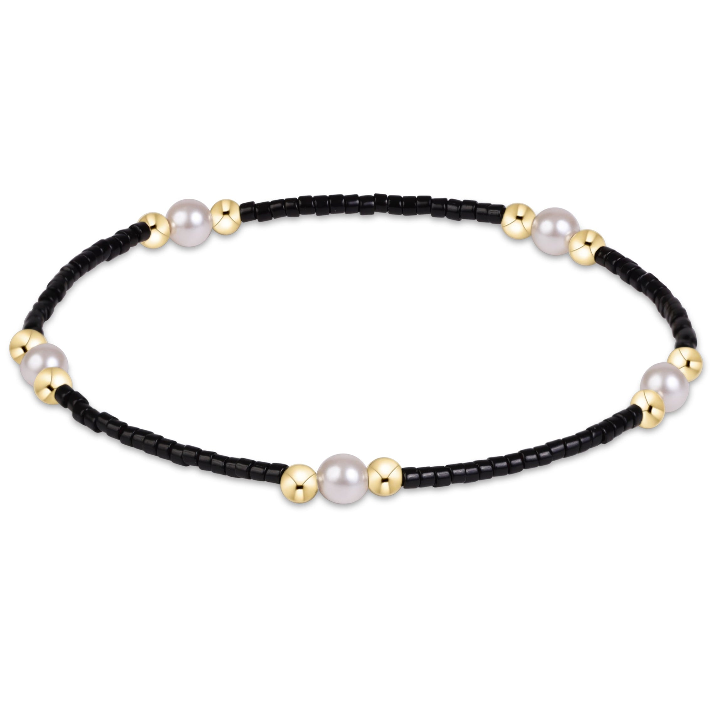 Gameday Hope Purpose Pearl Bracelet with black seed beads, gold-filled beads, and white pearls.