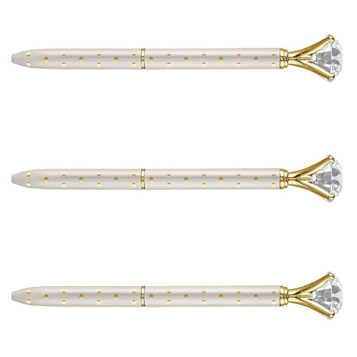 Three white metal pens with gold polka dots and a large clear gem on top.