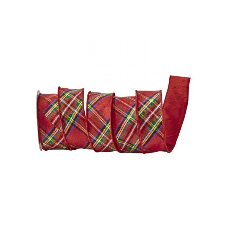 Cozy Plaid Cotton Ribbon in red with a classic green, yellow, and white plaid pattern.