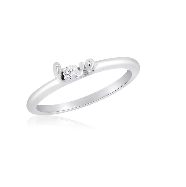 Silver stack ring with the word 'love' spelled out in cursive, featuring a small diamond.