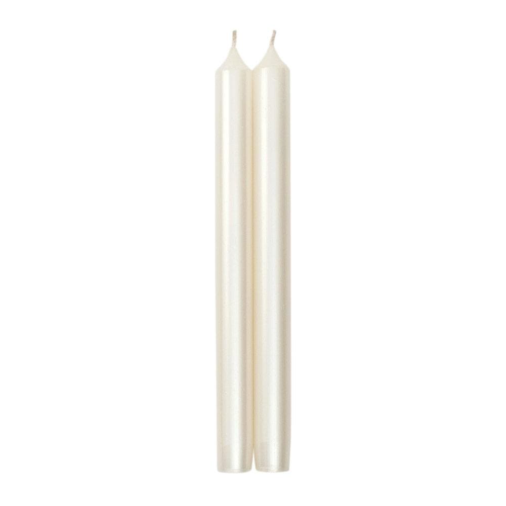 Ten-inch tapered crown candle in cream paraffin and palm wax blend with lead-free cotton wick.