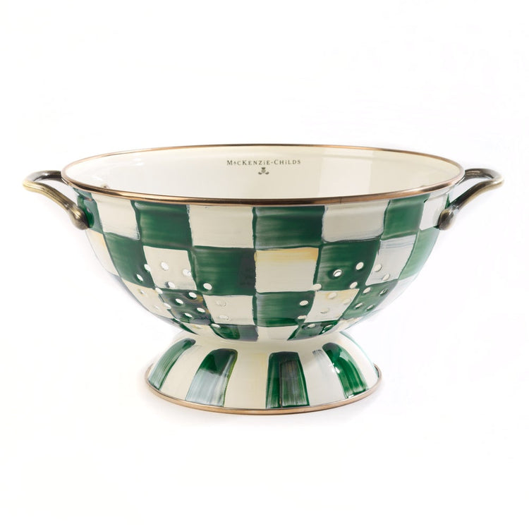 Emerald Check Large Colander with green and white hand-painted checks and brass-finished handles.