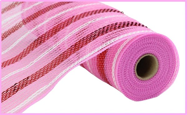 10.25 inch light pink poly mesh ribbon with red and white metallic stripes on a roll.