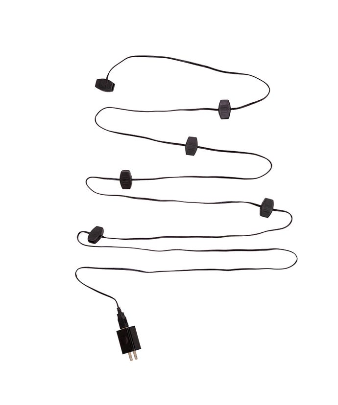 Black USB extension cord with 12 power outlets and a wall adapter, laid out on a white background.
